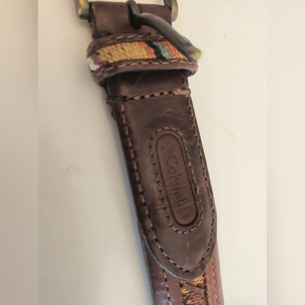 Columbia Men's Brown Leather Belt Multi Color Cotton Woven  Fabric Size 44 - Picture 7 of 17